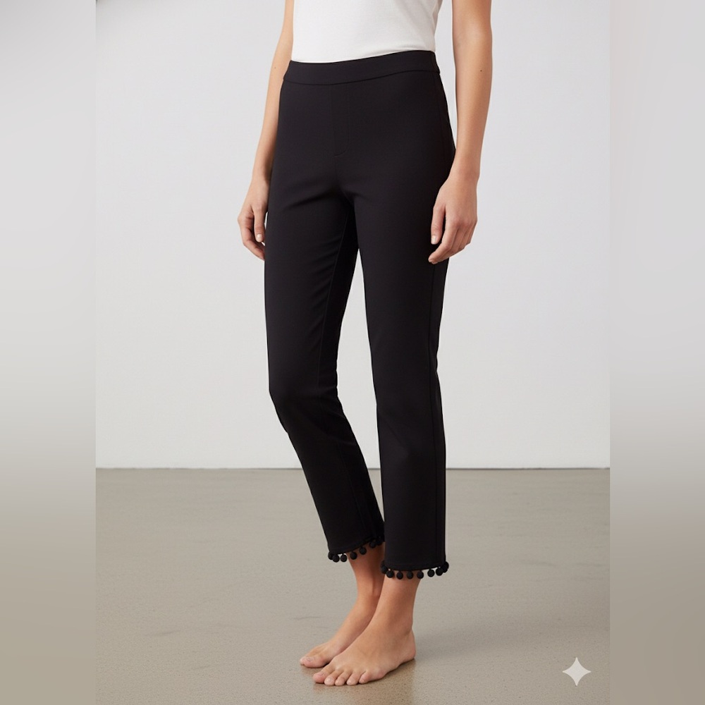 ❌SOLD❌Roz & Ali Womens Pants 4 Black Stretch Ankle Crop Pull On Pom-Pom Accent